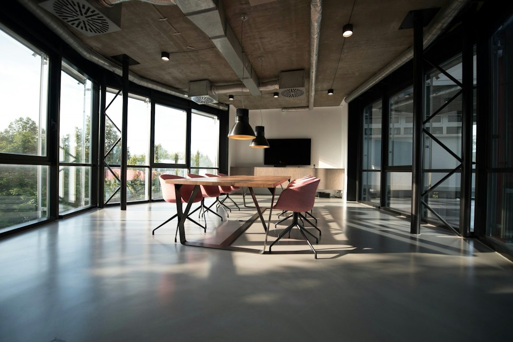 Open-plan workspace with light interiors