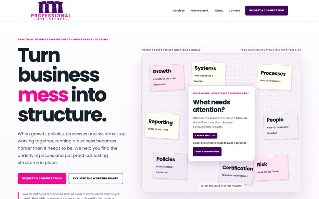 Real screenshot of the live Professional Structures website