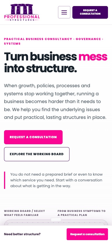 Real mobile screenshot of Professional Structures